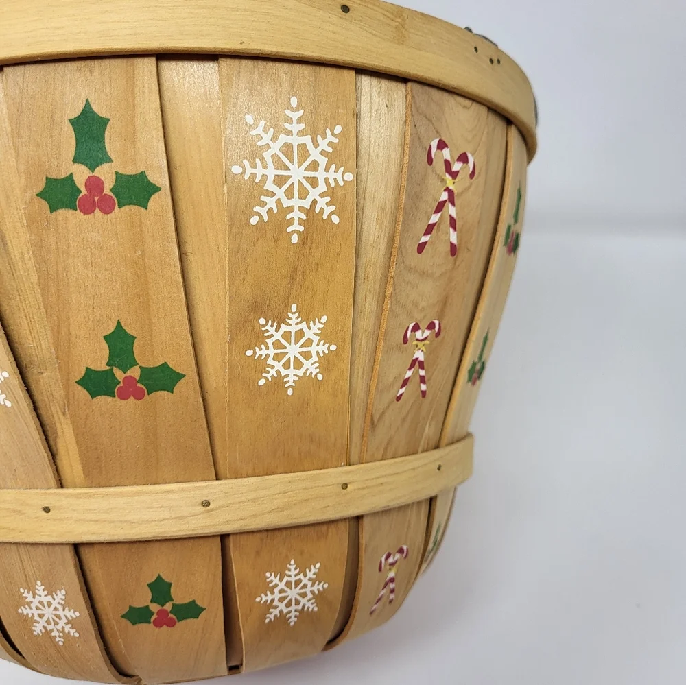Christmas Holly Snowflake Candy Cane‎ Wooden Round Bucket Basket Bushel
